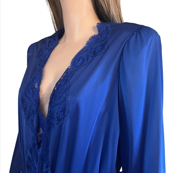 Olga Cobalt Blue Lingerie Set Negligee Full Sweep Nightgown Robe Lace Vtg 80s - Picture 12 of 16